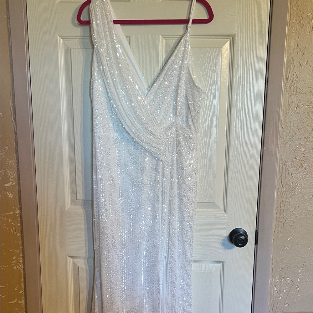 White Sequin V-Neck Prom Dress